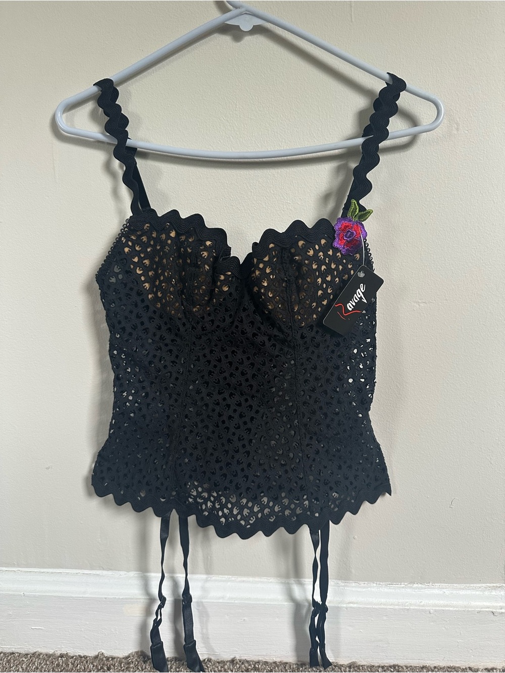 Scalloped Eyelet Black Camisole with Adjustable Straps